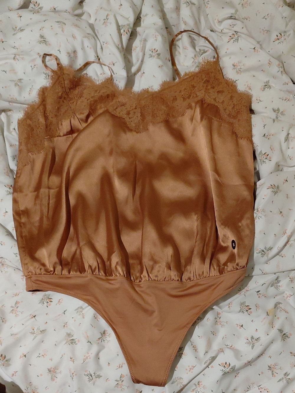 Abercrombie & Fitch Satin Lace-Trim Bodysuit in Rust Brown